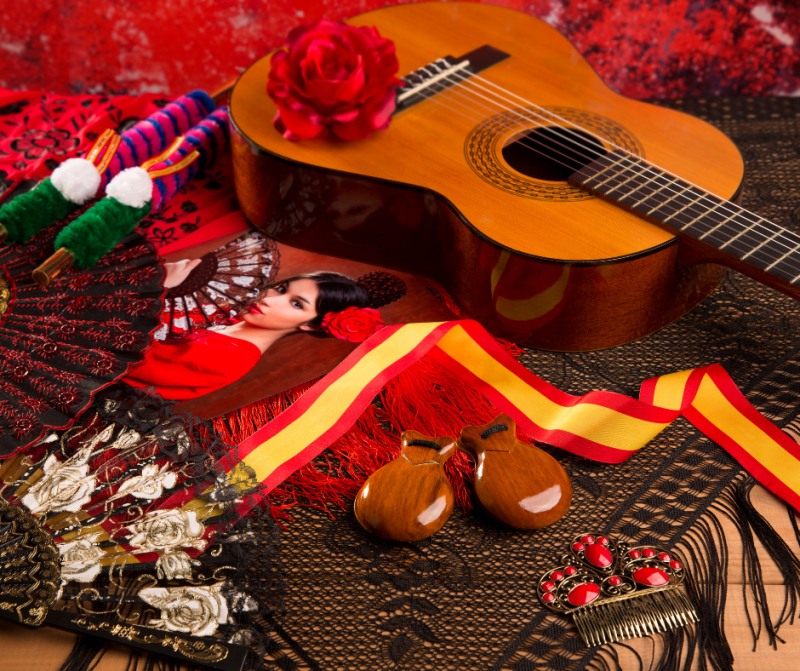 Détails et symboles des traditions espagnoles, entre musique, culture et ambiance festive.