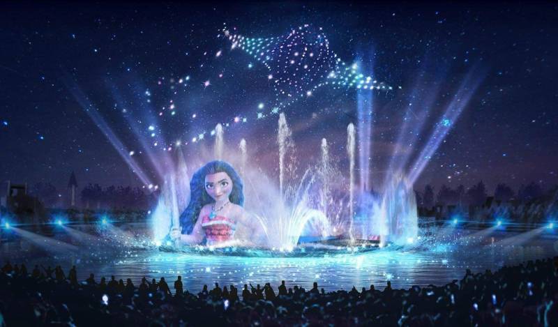 Spectacle nocturne, fontaines et ballets de drones à Disneyland Paris.